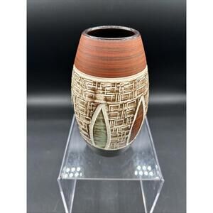 West Germany Vase #110-15 in Neutrals with Red, Yellow, and Green Accents